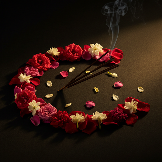 Puja Sutra with fresh rose petals and mogra flowers