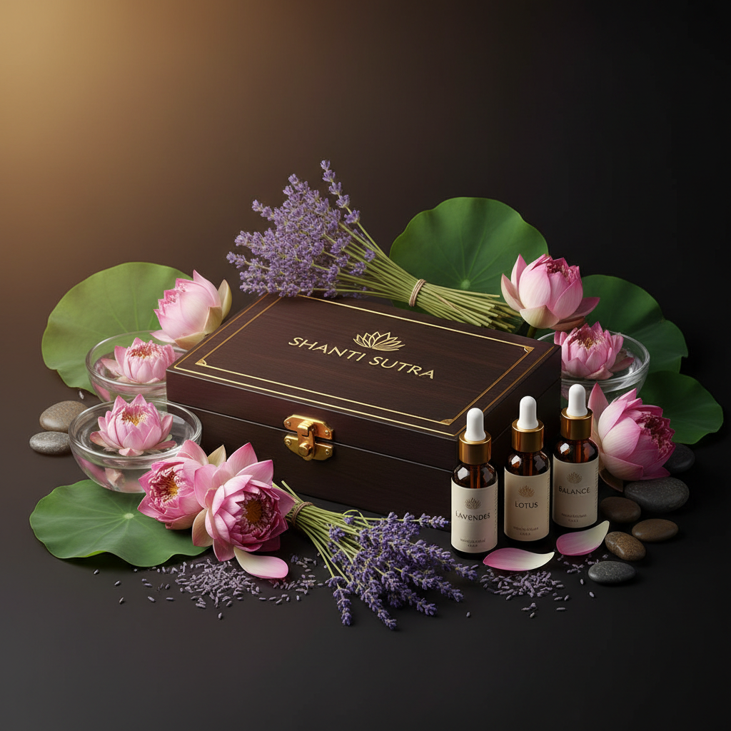 Shanti Sutra with fresh lavender bundles and essential oils