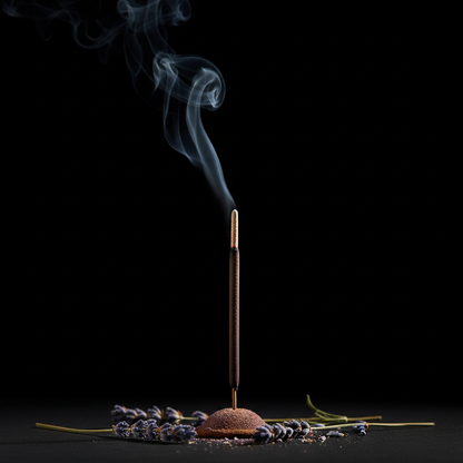 Shanti Sutra dhoop stick burning with gentle smoke and lavender