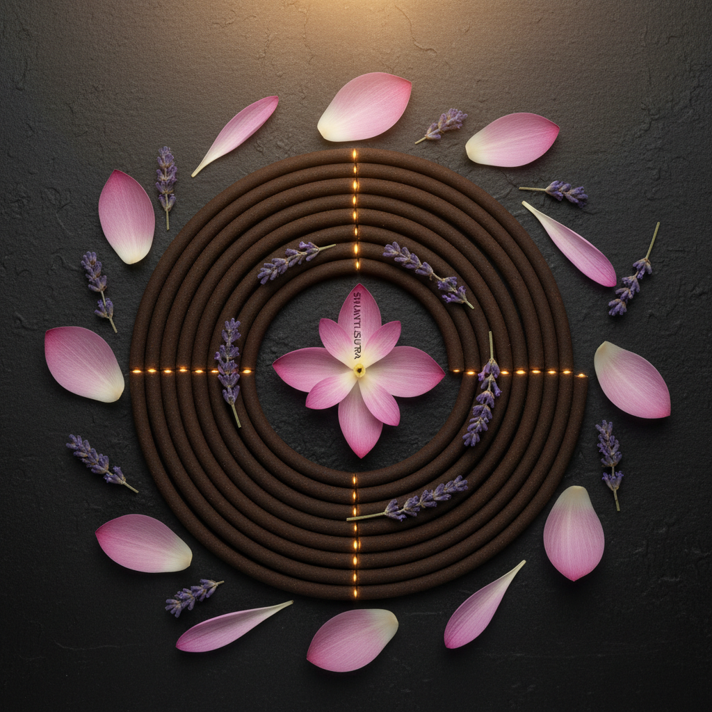 Shanti Sutra arranged in zen pattern with lavender and lotus