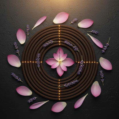 Shanti Sutra arranged in zen pattern with lavender and lotus
