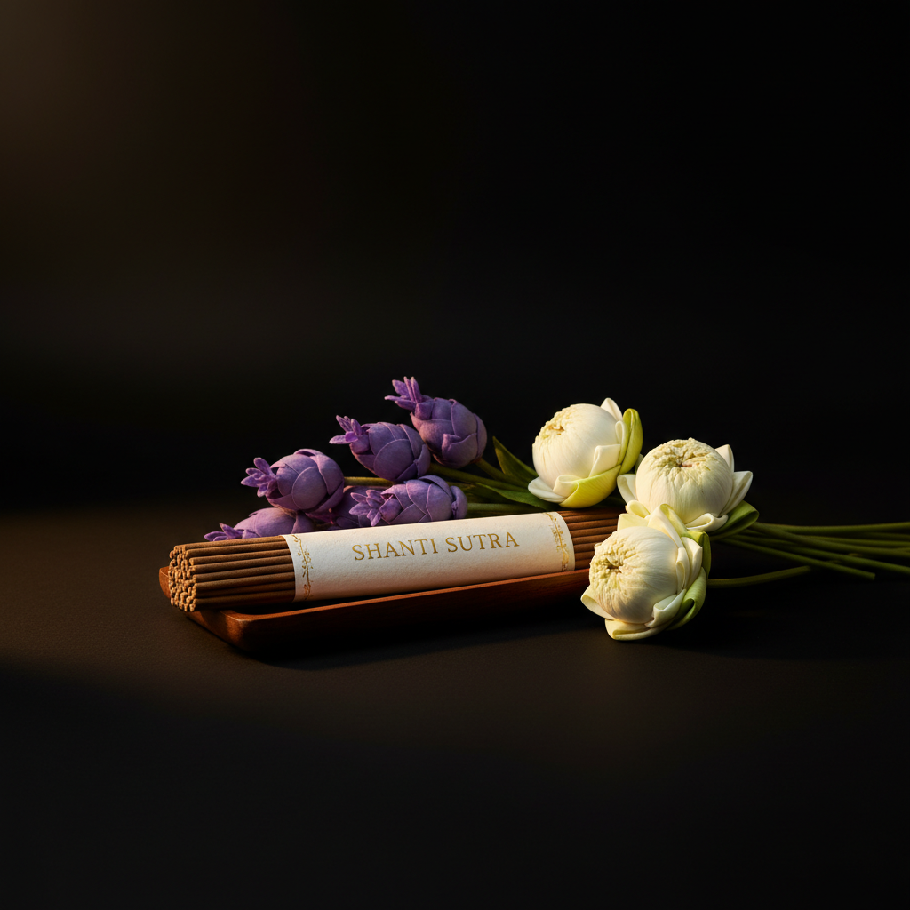 Shanti Sutra with fresh lavender sprigs and lotus flowers
